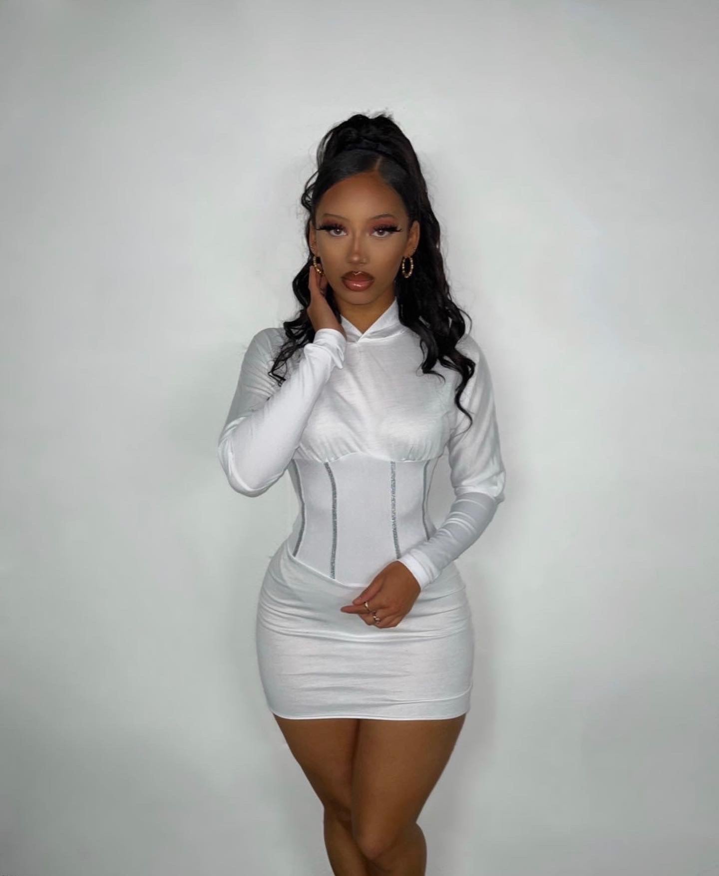 Dita long sleeve Hooded mini dress white